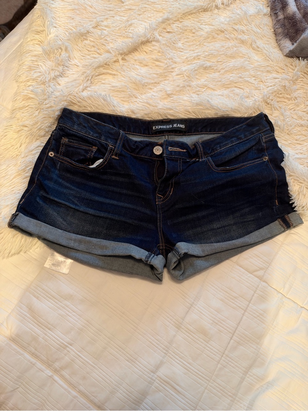 Express Dark Indigo Rolled Cuff Jean Shorts